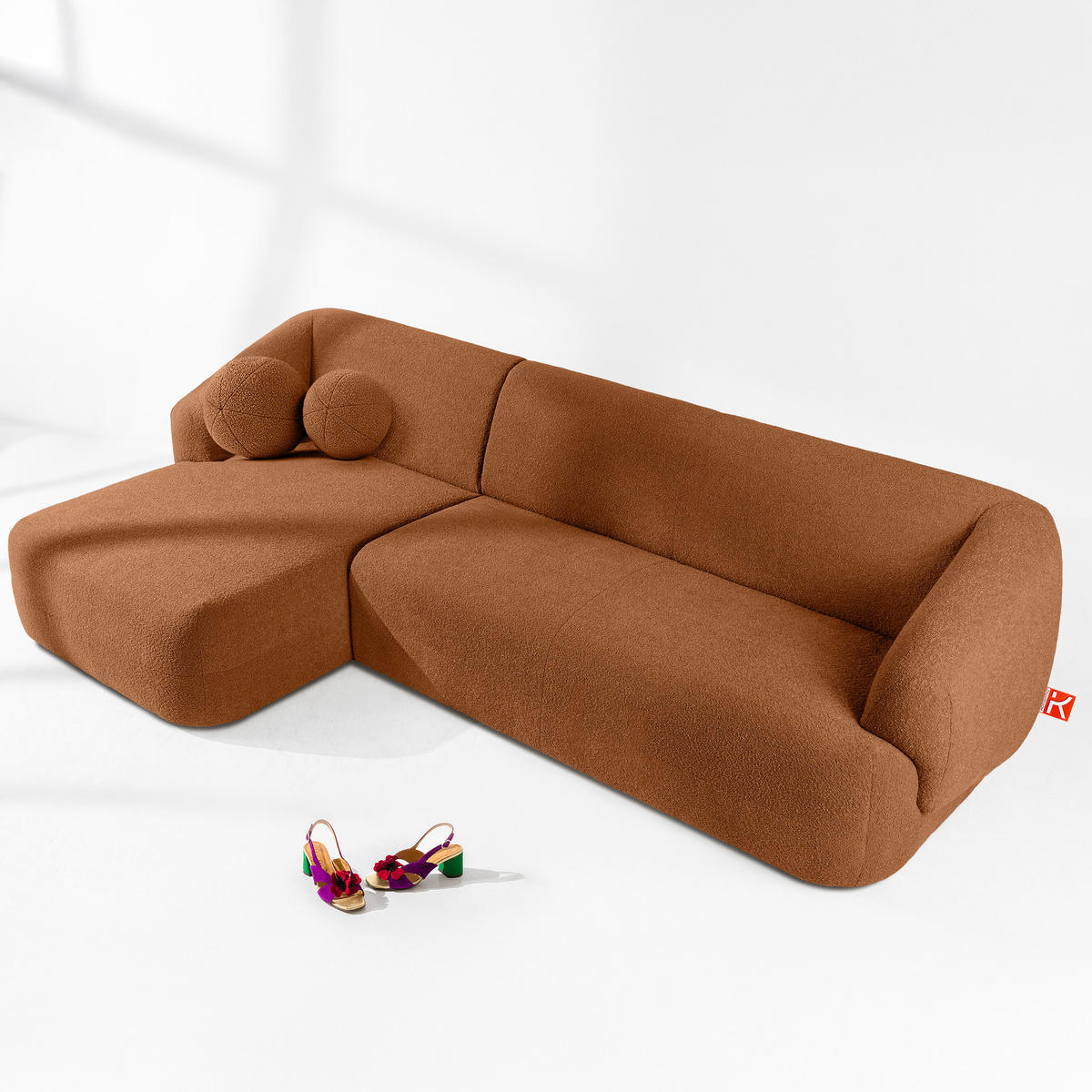 ECKSOFA LINKS VIRA, Rost, Bouclé - Rotbraun/Schwarz, Holz/Holzwerkstoff (300/160cm) - KONSIMO®