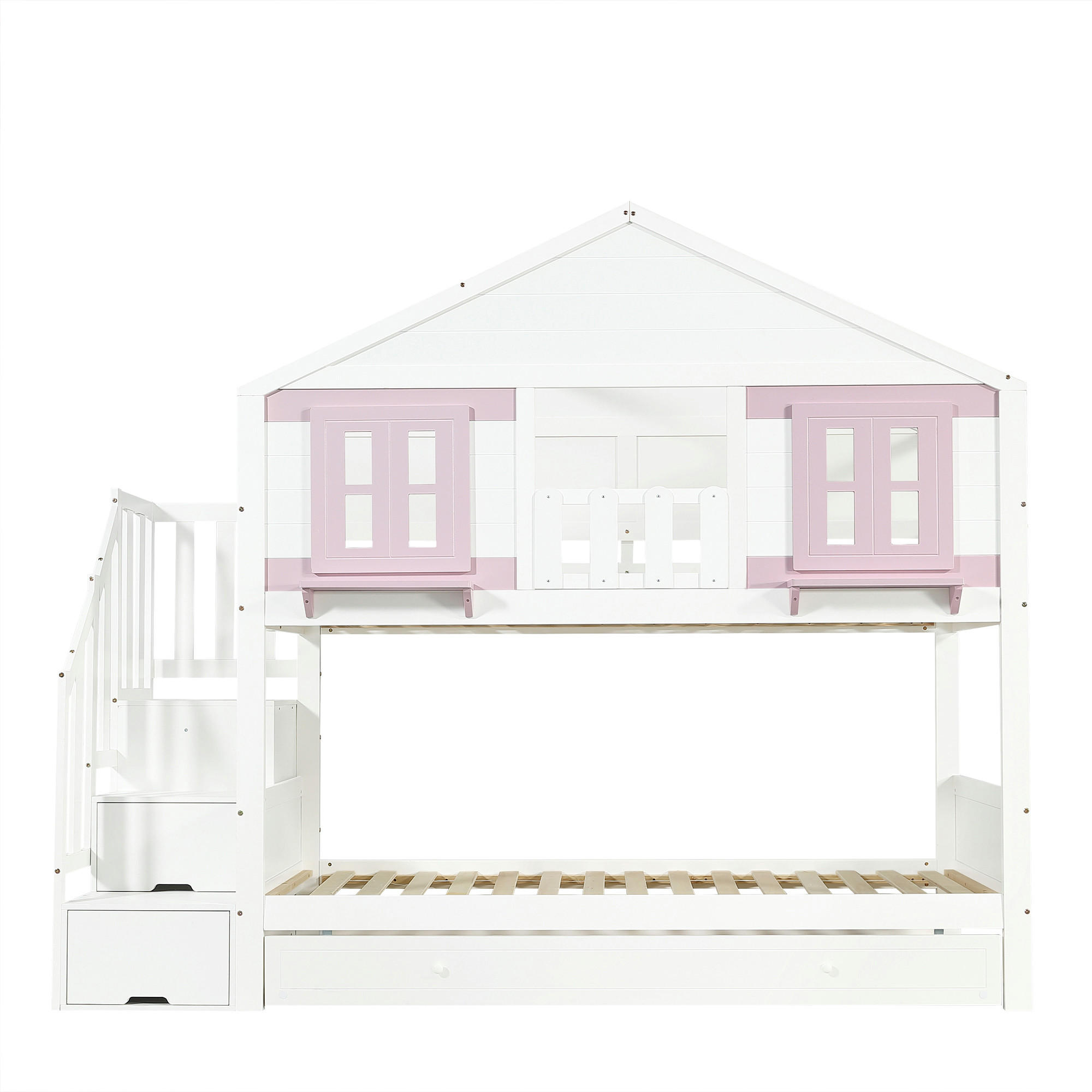 ETAGENBETT Mit Rollbett Weiß/Rosa 90x200 cm - Pink, Holz (90/200cm) - ComfortXL