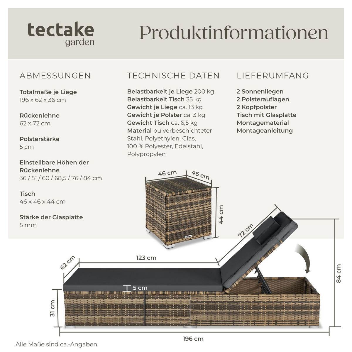 RATTAN-DOPPELLIEGE Carbonera, Belastbarkeit je 200 kg, natur - Naturfarben, Kunststoff (62/36/196cm) - tectake