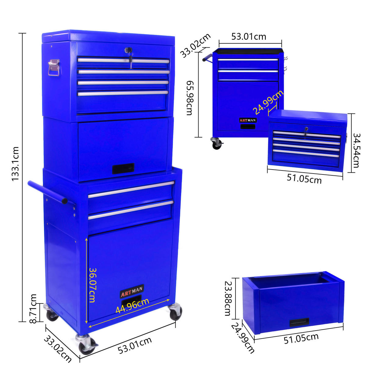 KOMBINATIONSKOFFER – mit 6 Schubladen und 4 Lenkrollen (blau) - Blau, Metall (33/110/60cm) - DCA