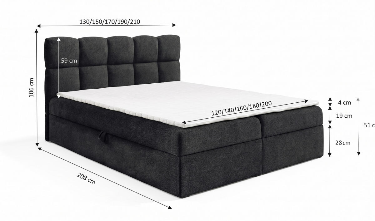 BOXSPRINGBETT mit zwei Stauräume 140x200 cm in Schwarz - Schwarz, Textil (140/200cm) - Home Collective
