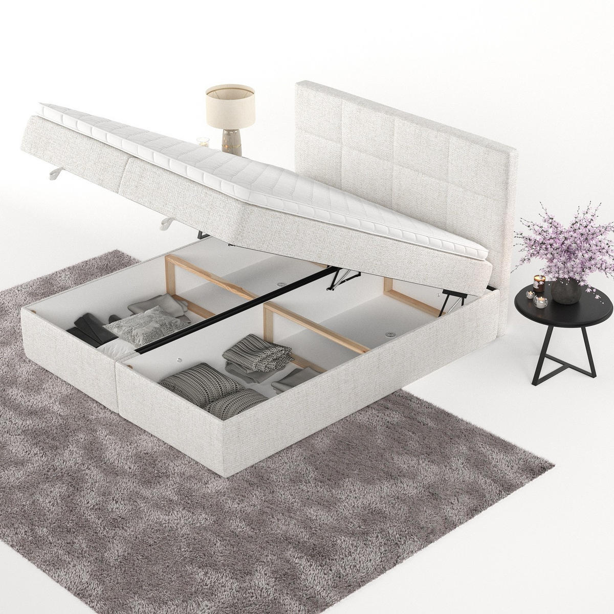 BOXBETT Velto 160/200 cm Creme im Neve Stoff - Creme/Schwarz, Holz/Holzwerkstoff (160/200cm) - AltaBeds