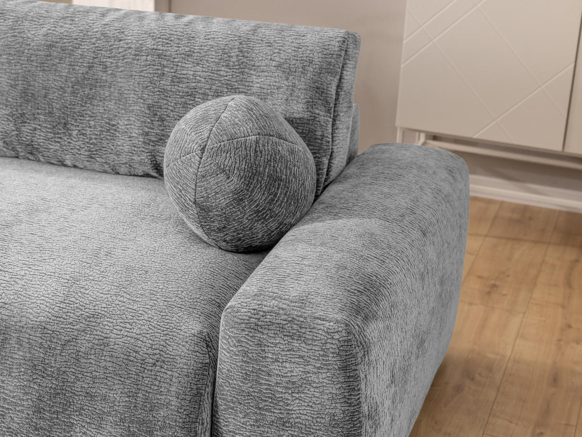 ECKSOFA Puffy mit Schlaffunktion und Bettkasten - besonders weich und puffig aus Hellgrau Stoff mit Chenillestruktur - Ottomane links - Hellgrau/Schwarz, Holz/Kunststoff (138/266cm) - S-Style Möbel