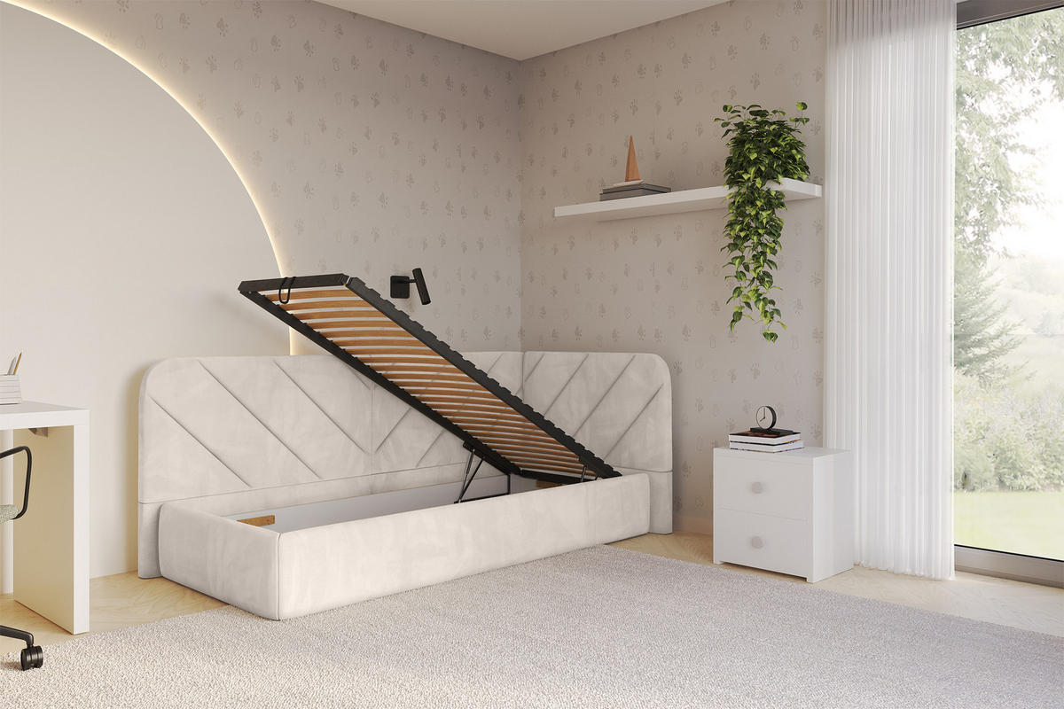 EINZELLBETT Jugendbett mit Bettkasten und Matratze H3/H4, Links - FIKY 90x200 Beige - Ecru, Holzwerkstoff/Textil (90/200cm) - ALTDECOR