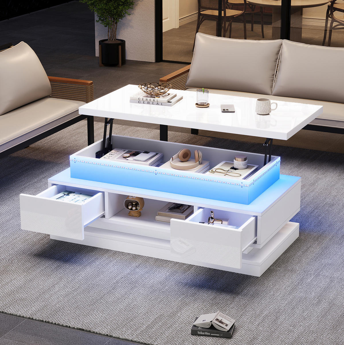 COUCHTISCH 100/50/40 cm höhenverstellbar mit LED, USB-Anschluss, 2 Schubladen und Stauraum, Weiß - Weiß, Holzwerkstoff (100/50/40cm) - Redom