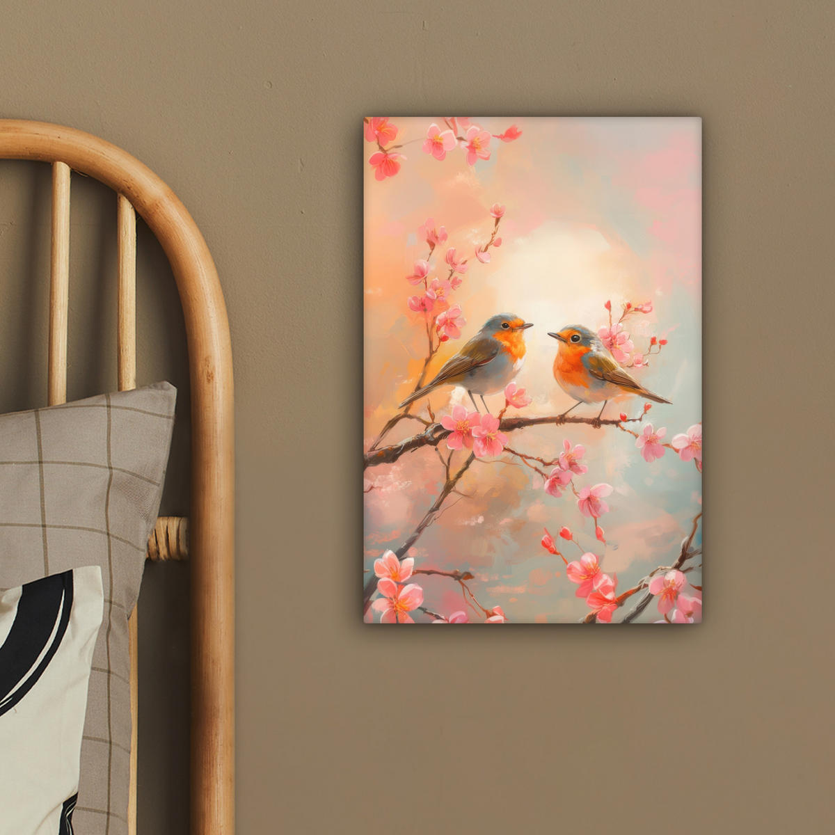 LEINWANDBILD Rotkehlchen - Zierpflanze - Blütenzweig 20x30 cm - Hellrosa, Textil (20/30cm) - MuchoWow