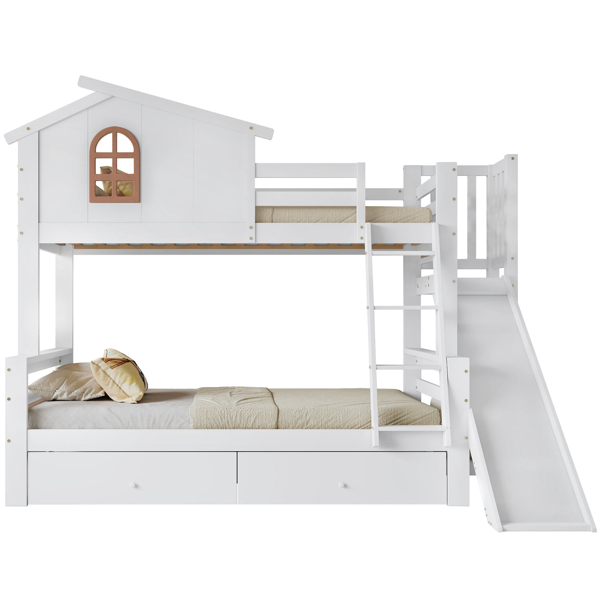 STILVORA ETAGENBETT 90/200 cm & 120/200 cm in Weiß mit 2 Schubladen, Rutsche und Fenstern