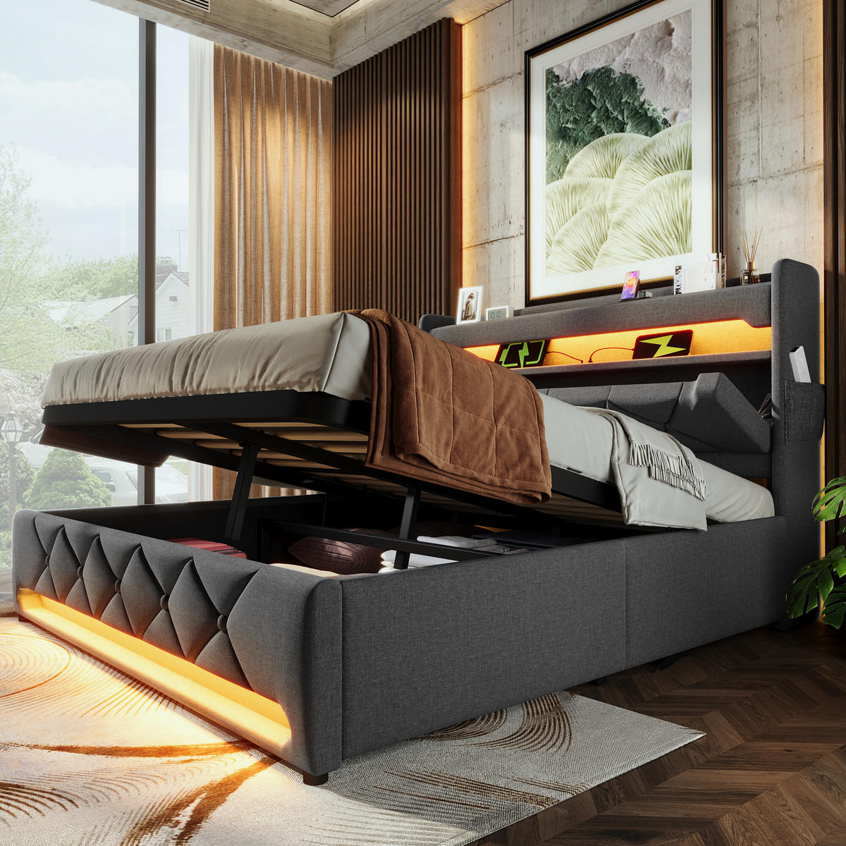 BETT mit Stauraum und LED 180/200 cm - Grau, Holzwerkstoff/Textil - Urban Meuble