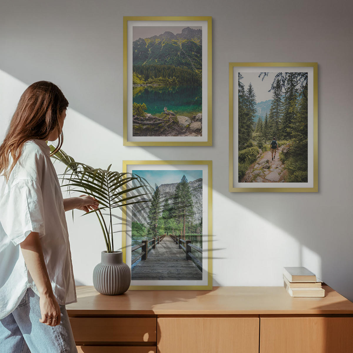 WANDBILDER 3er Set - 40x60 cm Goldrahmen - Berge, Seen, Wälder, Wege - Goldfarben, Kunststoff (40/60cm) - ArtPrintCave