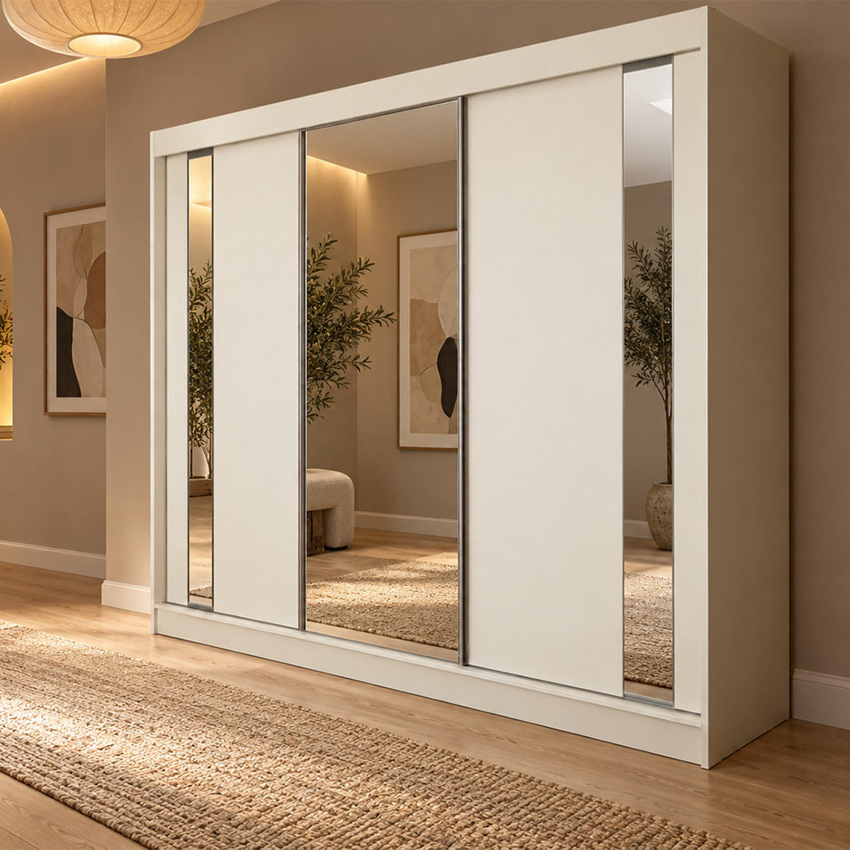 KLEIDERSCHRANK Gloria 240 cm Weiß Spiegel 4 Schubladen Griffe silber - Weiß, Holzwerkstoff (240/216/61cm) - KS Home Concept