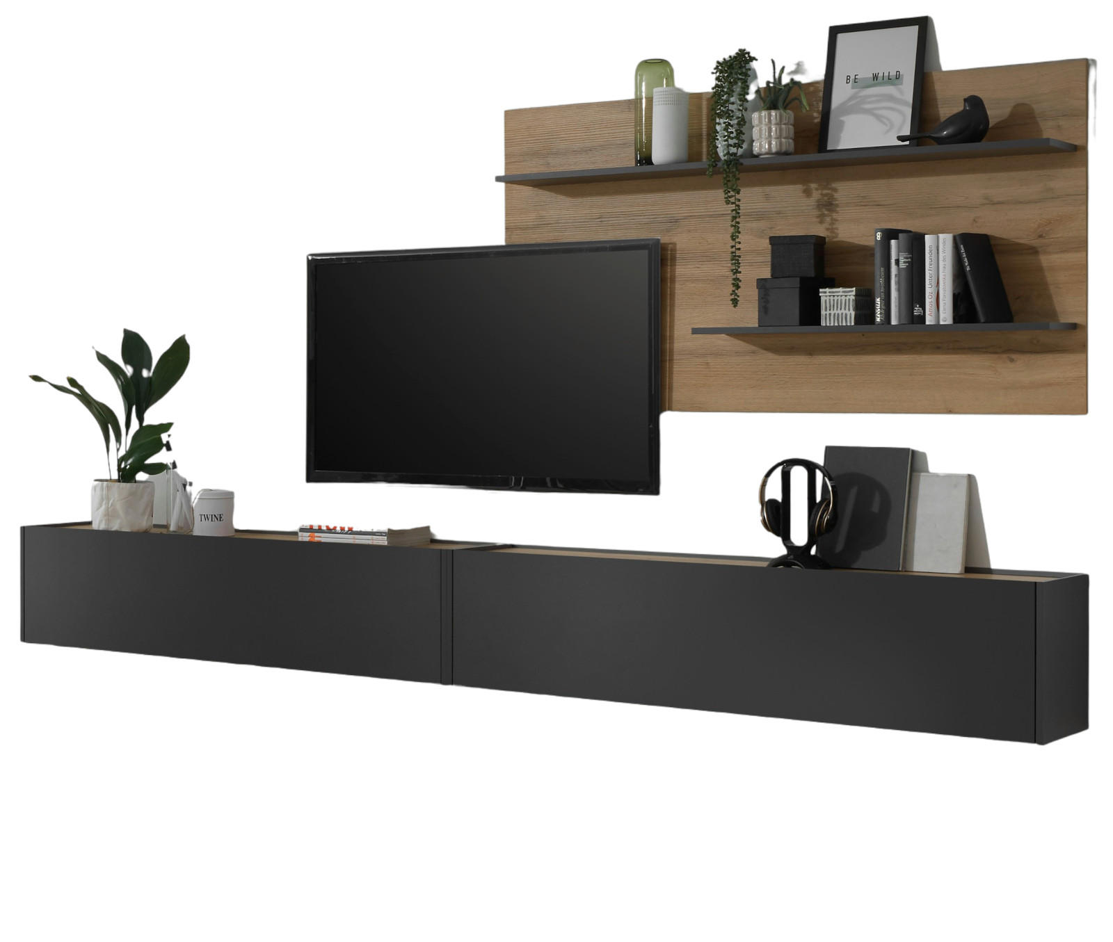 WOHNWAND grau matt, Eiche Wotan 3-teilig 300 cm, Schrankwand hängend - Eiche Wotan/Grau, Holzwerkstoff/Metall (300/180/30cm) - Furn.Design