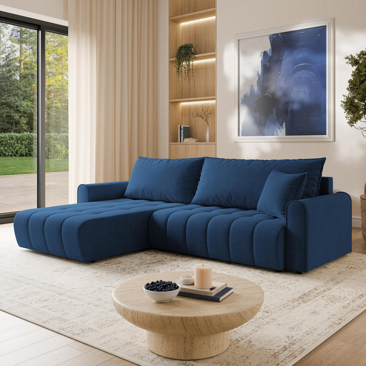 ECKSOFA FRIGA Blau Strukturstoff mit Schlaffunktion - Blau, Holz (283/185cm) - MASSENO
