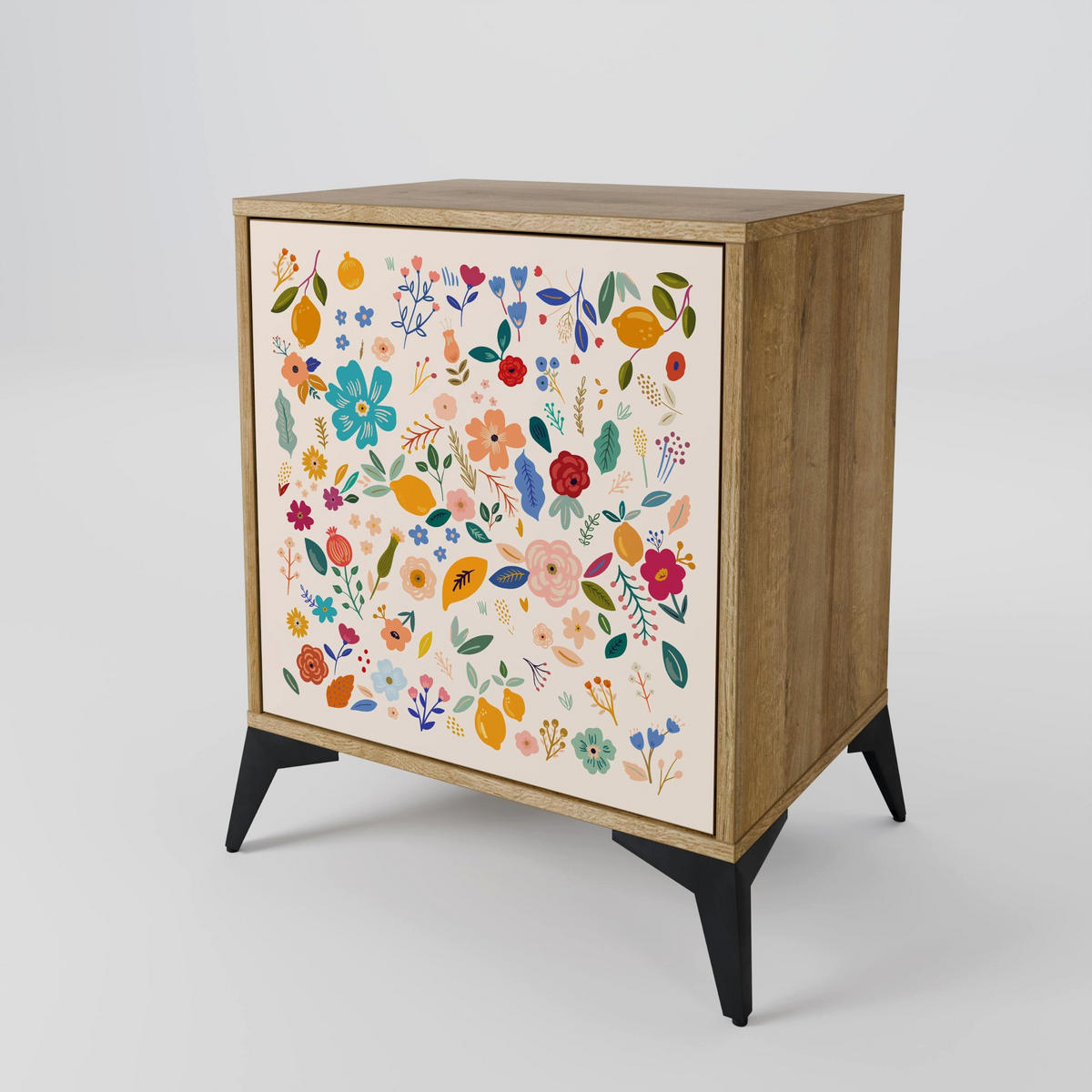 SIDEBOARD FLORAL COMBINATION, Eichefarben, 57,5x42x67,5 cm, Schwarze Metall-Rahmenfüße - Eichefarben/Multicolor, Holzwerkstoff/Metall (57.5/67.5/42cm) - SpaceRebels