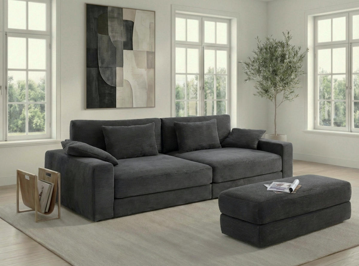 BIG-SOFA mit Federkern B290/T135/H90 cm extratief, Liegefläche 122x240 cm, Cord Dunkelgrau / 15249 - Dunkelgrau/Schwarz, Kunststoff/Textil (290/90/135cm) - luma-home