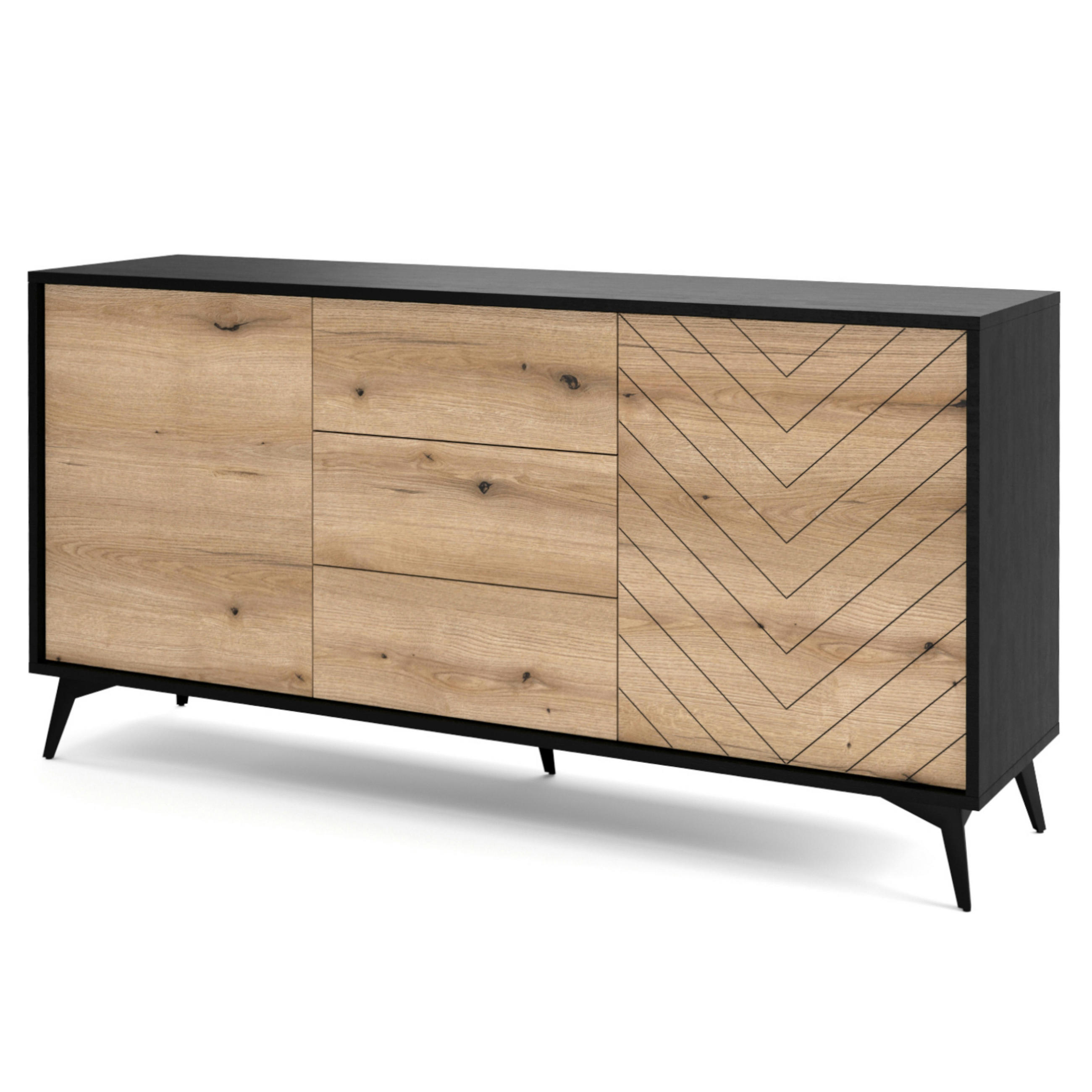 SIDEBOARD Jasper KSZ154 – Eiche Evoke, Schwarz - Eichefarben/Schwarz, Glas/Holzwerkstoff (154/77/39cm) - Komodee