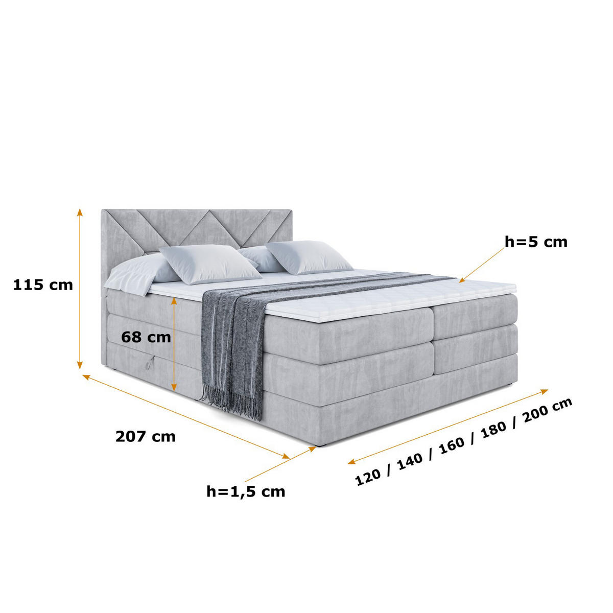 BOXSPRINGBETT BARWA KING - 120x200 - H3/H4 - Hellgrau - Hellgrau, Holzwerkstoff (120/200cm) - ALTDECOR