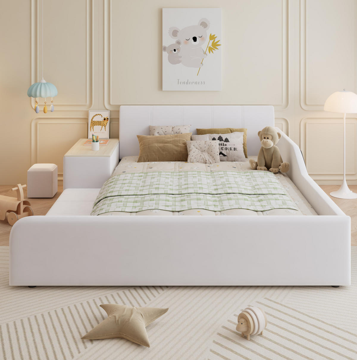 KINDERPOLSTERBETT 140/200 cm aus Samt mit Schreibtisch Hocker und Ablageboden Weiß - Weiß, Textil (140/200cm) - Modenvie