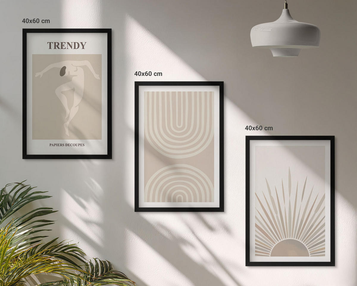BILDER SET 3er Set - 40x60 cm Schwarzer Rahmen - Abstrakte Poster im Boho-Stil in Pastellfarben - Schwarz, Kunststoff (40/60cm) - TULUP