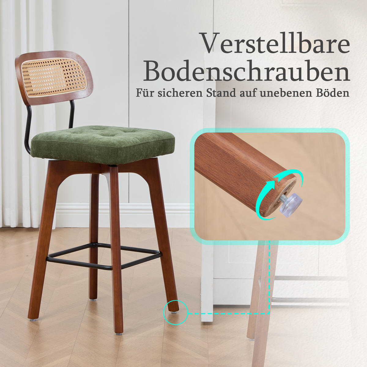 BARHOCKER 2er Set, 360° drehbar, Wiener Geflecht/Chenille, 67,5cm Sitzhöhe, Grün - Wildeiche/Grün, Holz/Textil (44/96/51cm) - LVHOM