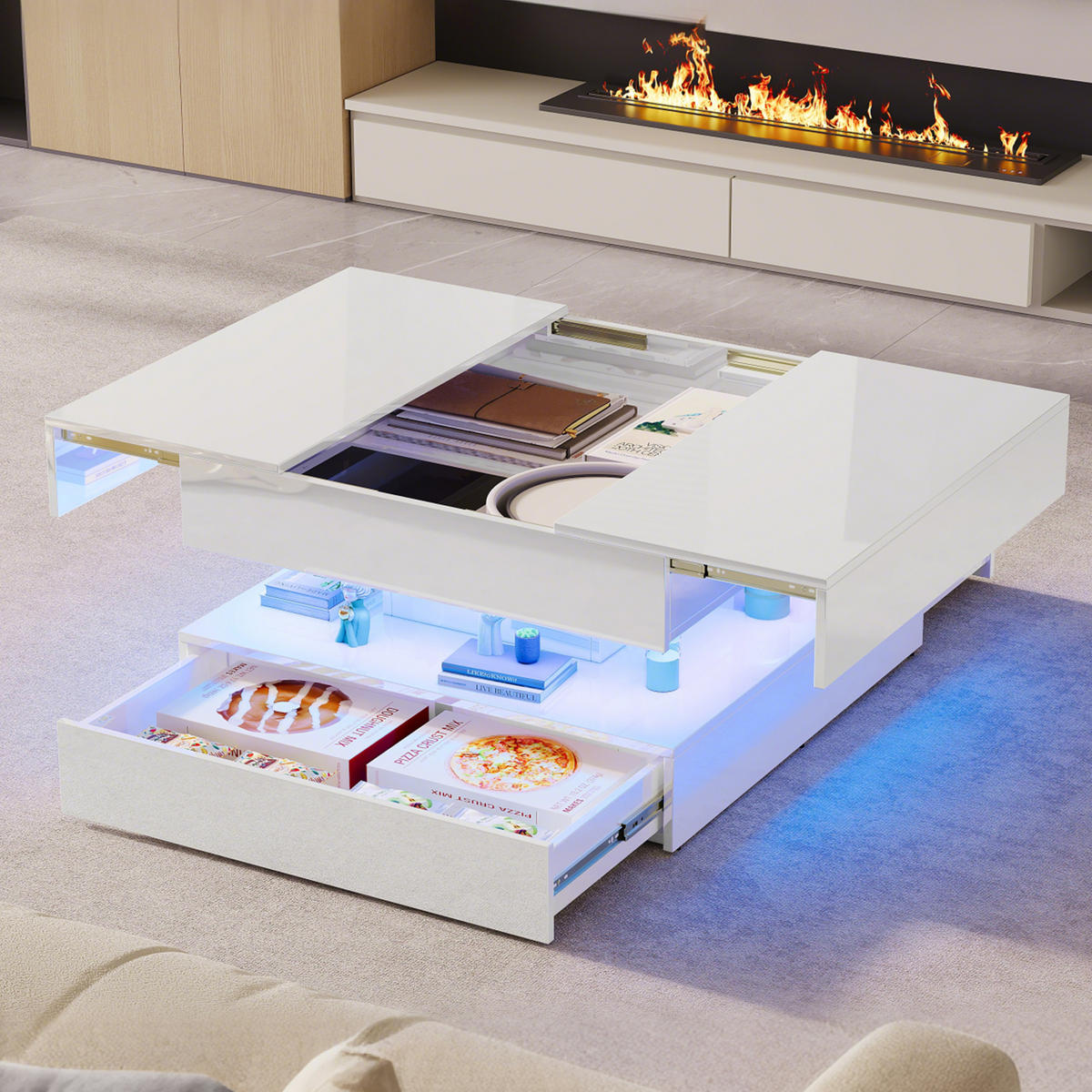 COUCHTISCH 78x78 cm mit RGB-LED & 2 Schubladen, Weiß Hochglanz - Weiß, Metall (78/78/43cm) - EuroLiving