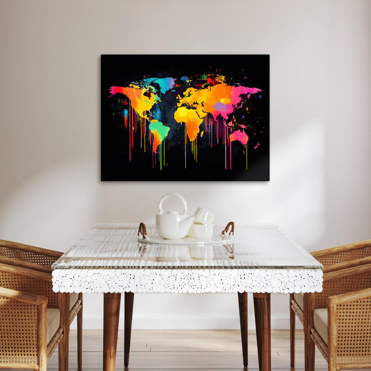 LEINWANDBILD Weltkarte - Farbe - Bunt - Graffiti - Welt Wandbilder 80x60 cm - Multicolor, Textil (80/60cm) - MuchoWow
