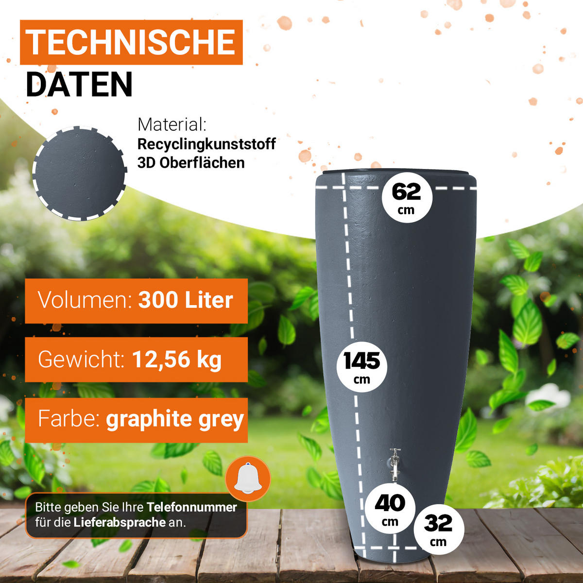 2IN1 Regentonnen Komplett-Set 300 L graphite grey inkl. Chrom-Auslaufhahn und Fallrohranschluss - Grau, Kunststoff (62/145/62cm) - GARANTIA