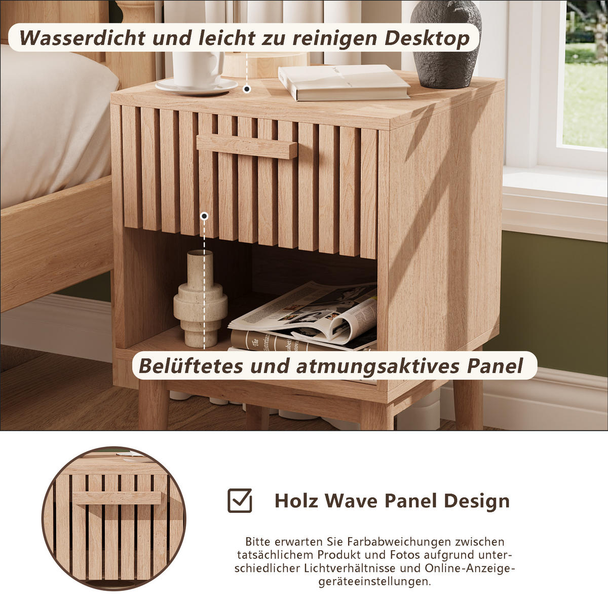 NACHTTISCH 2er Set Holzoptik Schubladen Ablage 40x35x55 cm - Naturfarben, Holz (35/55/40cm) - LEBENLANG