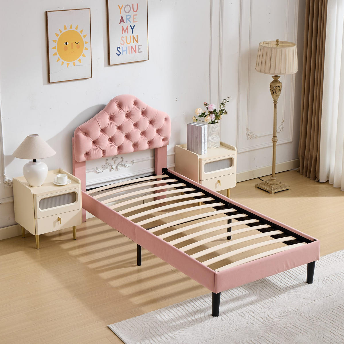BETT mit verstellbarem Kopfteil 90x200 cm Samt Pink - Rosa, Holzwerkstoff (90/200cm) - Meubliv