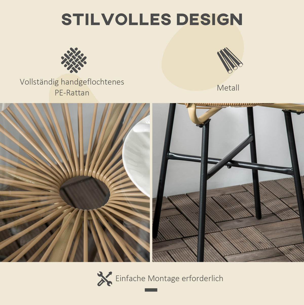 GARTENTISCH aus Rattan 50x50x50 cm Beige mit Glasplatte - Beige, Glas (50/50/50cm) - Modfu