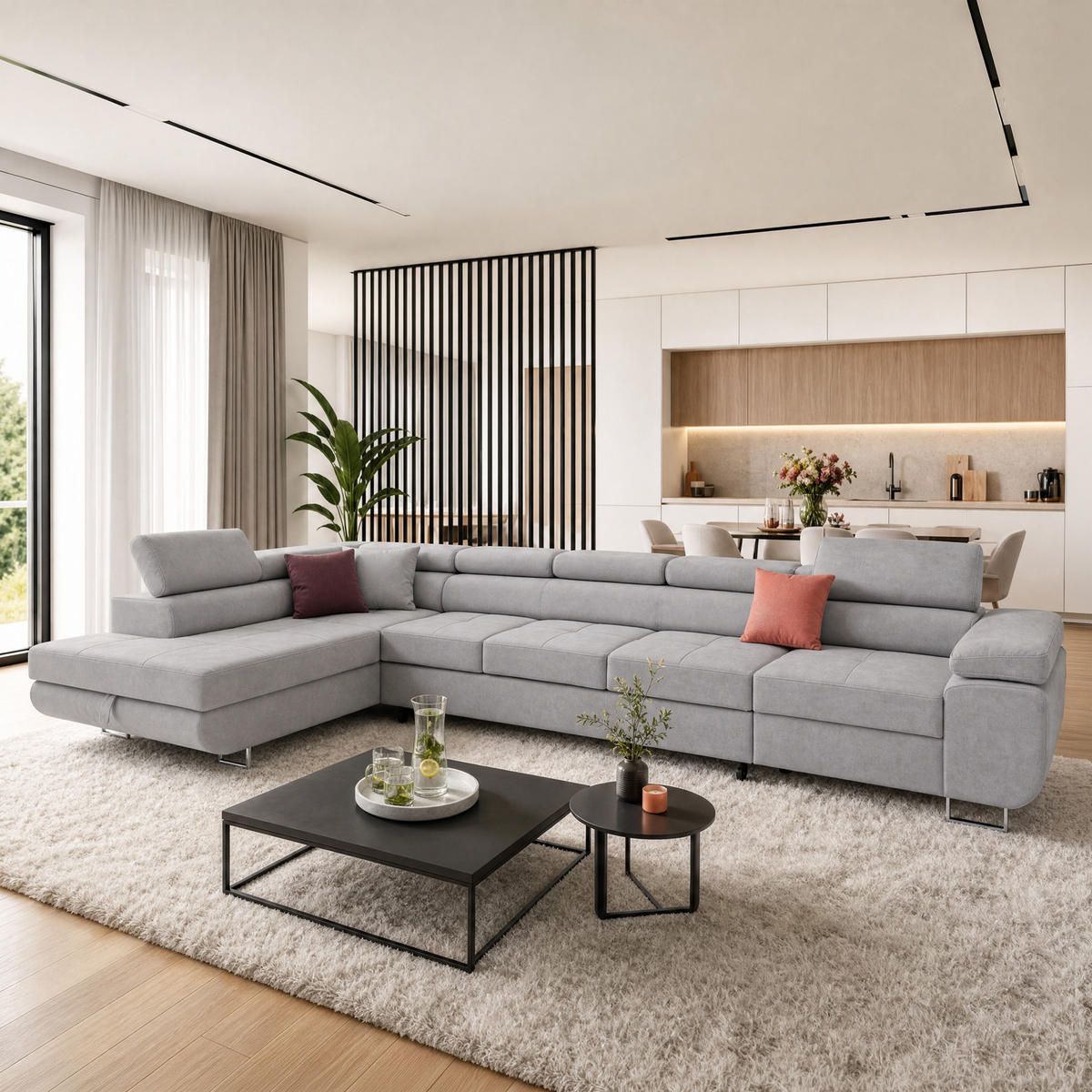 ECKSOFA WILD XXL Links mit Schlaffunktion 125x240 Velours Hellgrau - Silberfarben/Hellgrau, Holz/Textil (400/200cm) - Muffo