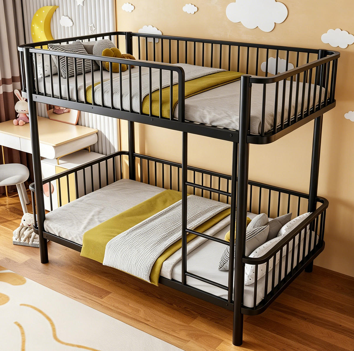ETAGENBETT aus Metall 90x200 cm Schwarz mit Sicherheitsgeländern - Schwarz, Metall (90/200cm) - Modfu