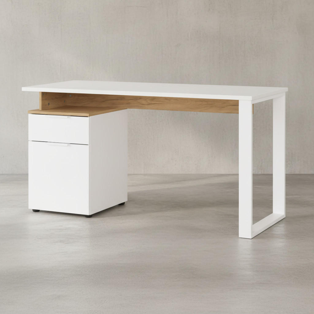 SCHREIBTISCH – Weiß/Beige, 140x61x74 cm, mit Container, stoßfest, Metallkufen - Weiß, Holz/Metall (61/140/74cm) - KADIMA DESIGN