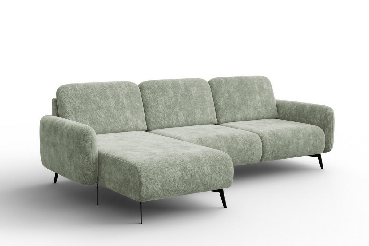 ECKSOFA FEBE 4-Sitzer LINKS, hellgrüner Chenille-Stoff - Schwarz/Hellgrün, Holz/Textil (264/157cm) - Wozimo