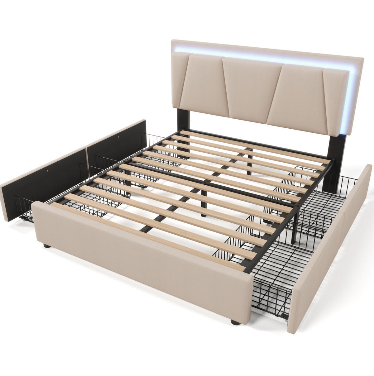 POLSTERBETT mit LED und 4 Schubladen 140x200 cm Beige - Beige, Holz (140/200cm) - Meubliv