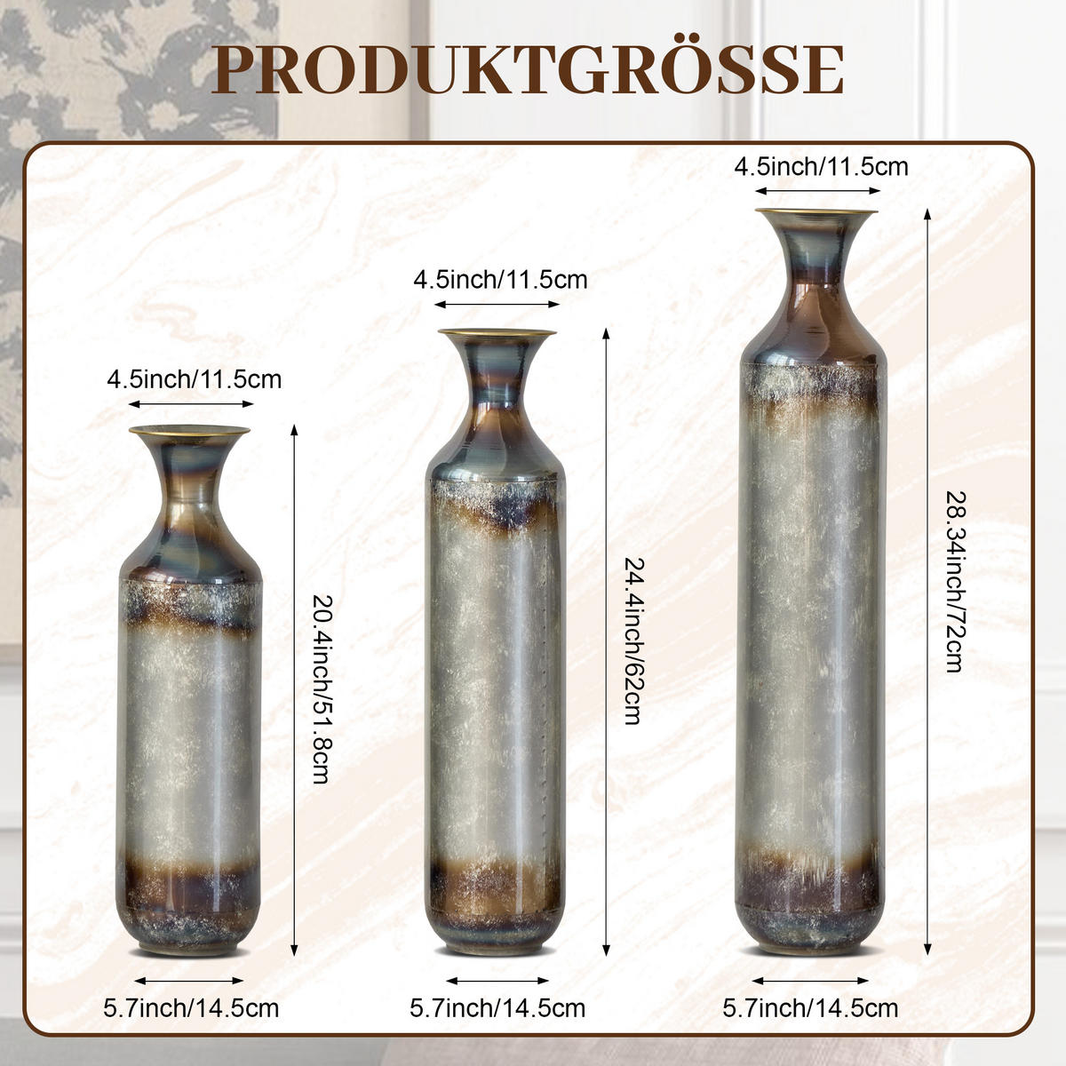 BODENVASE 3-tlg 51-72cm Metallvase handgefertigt Bodenvase Vintage-Optik Trockenblumen - Grau, Metall (78.02cm) - Raelunyi