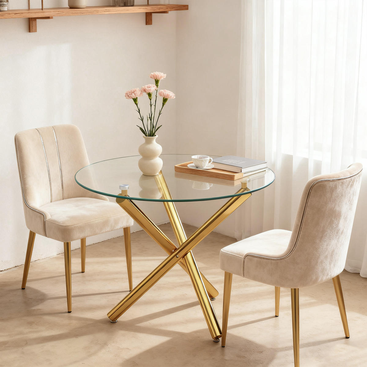 COUCHTISCH aus Glas und Metall in Gold mit Kreuzfuß & verstellbaren Gleitern - Goldfarben, Glas (80/80/77cm) - Modfu