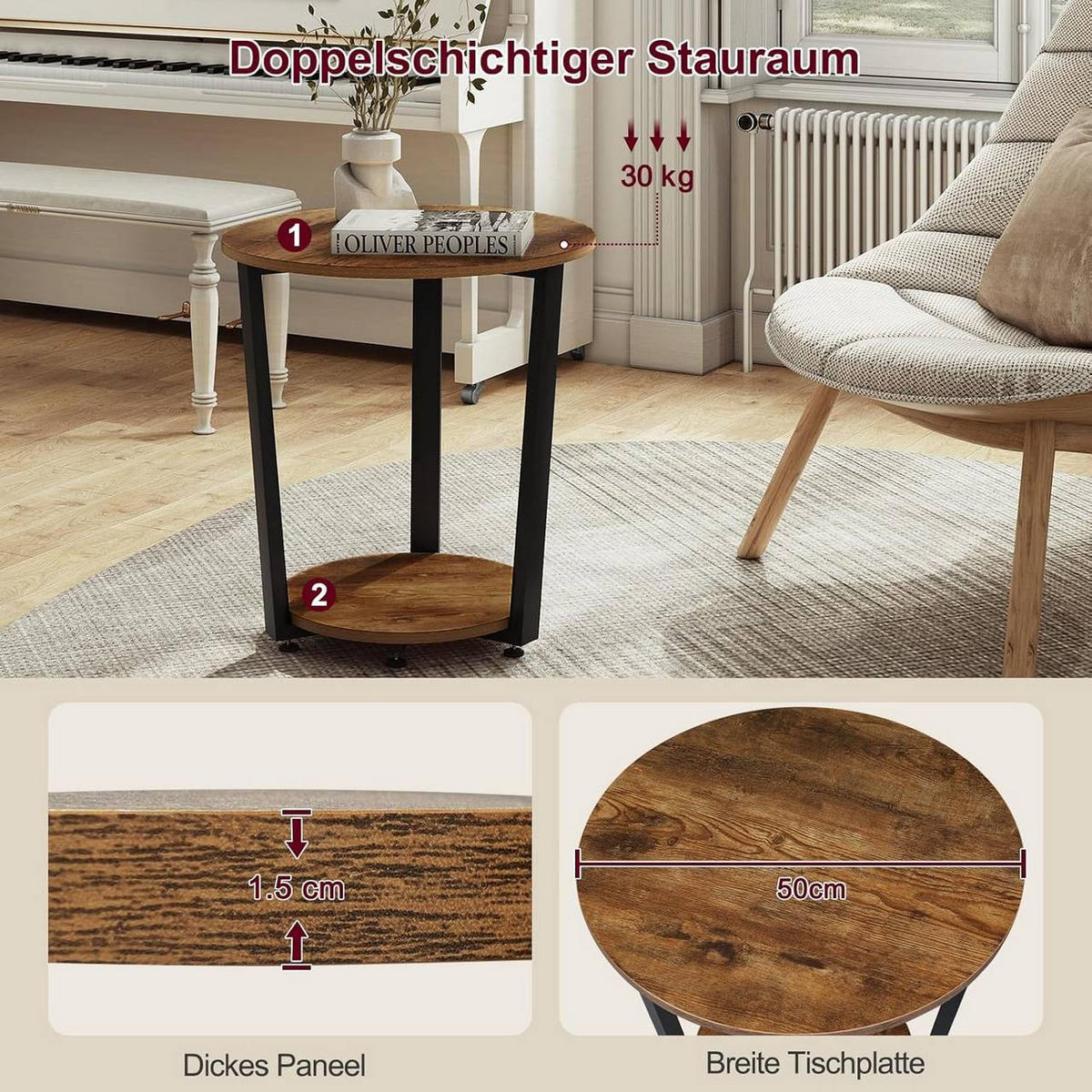 COUCHTISCH rund, mit 2 Ablagen, Vintage-Braun - Dunkelbraun, Holzwerkstoff/Metall (50/50/53cm) - Woltu