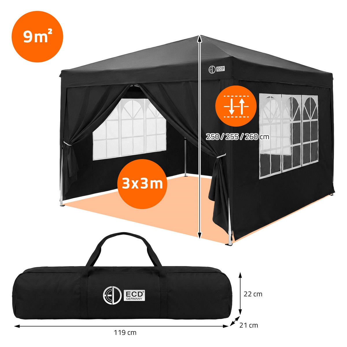 POP UP PAVILON 3x3 m, černý, skládací pavilon, vodotěsný, stabilní, se 4 bočními stěnami - černá, textil (300/260/300cm) - ECD-Germany
