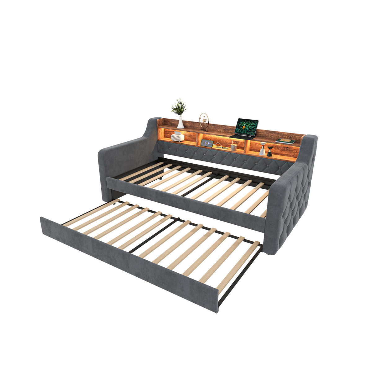 POLSTERBETT 90/190 cm dunkelgrau aus Samt mit Ausziehbett, LED und USB-C - Dunkelgrau, Holzwerkstoff (90/190cm) - OKWISH
