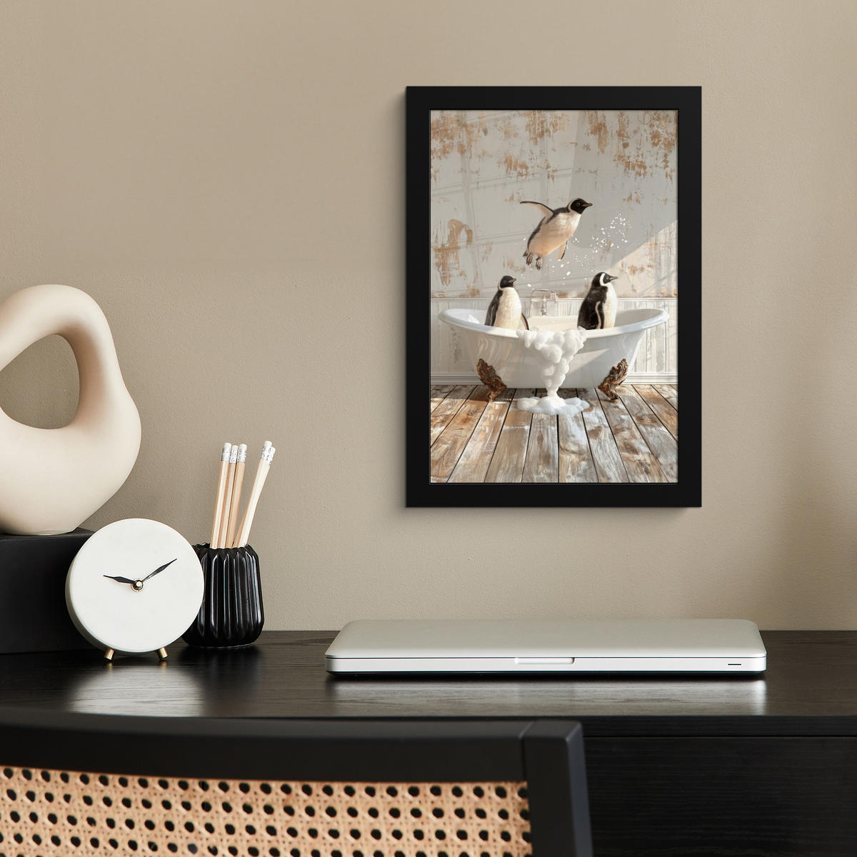 GERAHMTES BILD Vintage - Pinguin - Badewanne - Schaumstoff 20x30 cm - Schwarz, Papier (20/30cm) - MuchoWow