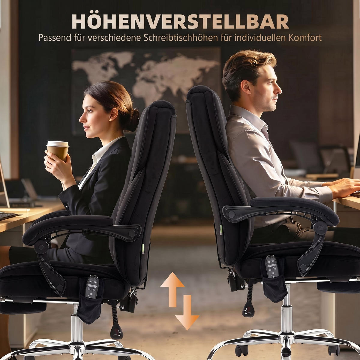KONTORSSTOL med massagefunktion, svart - Brun/Svart, Textil/Metall (67/119/72cm) - Vinsetto