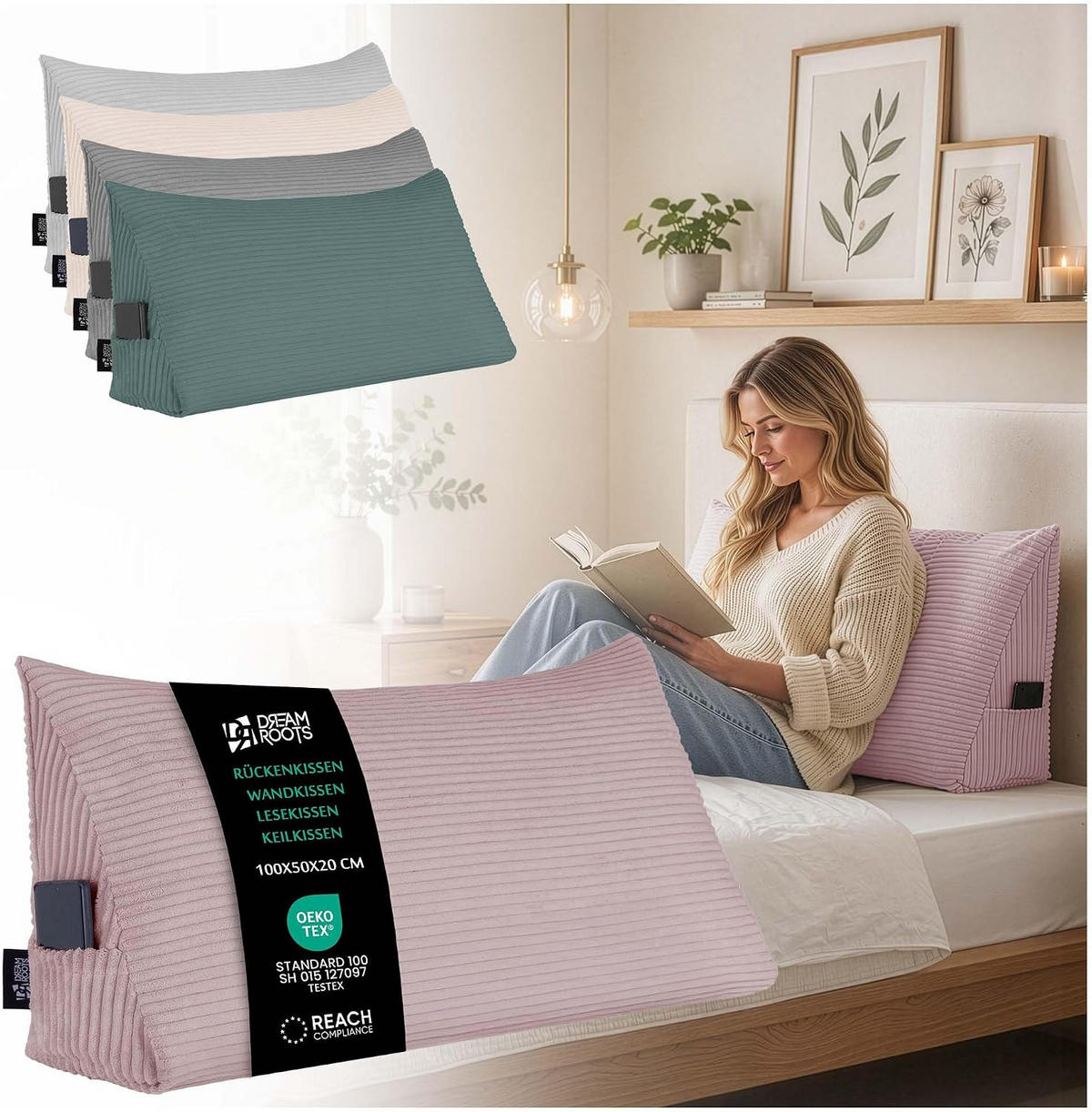 KEILKISSEN Silver Pink, 100/50/20 cm, Cord - Pink, Textil (100/20cm) - Dreamroots