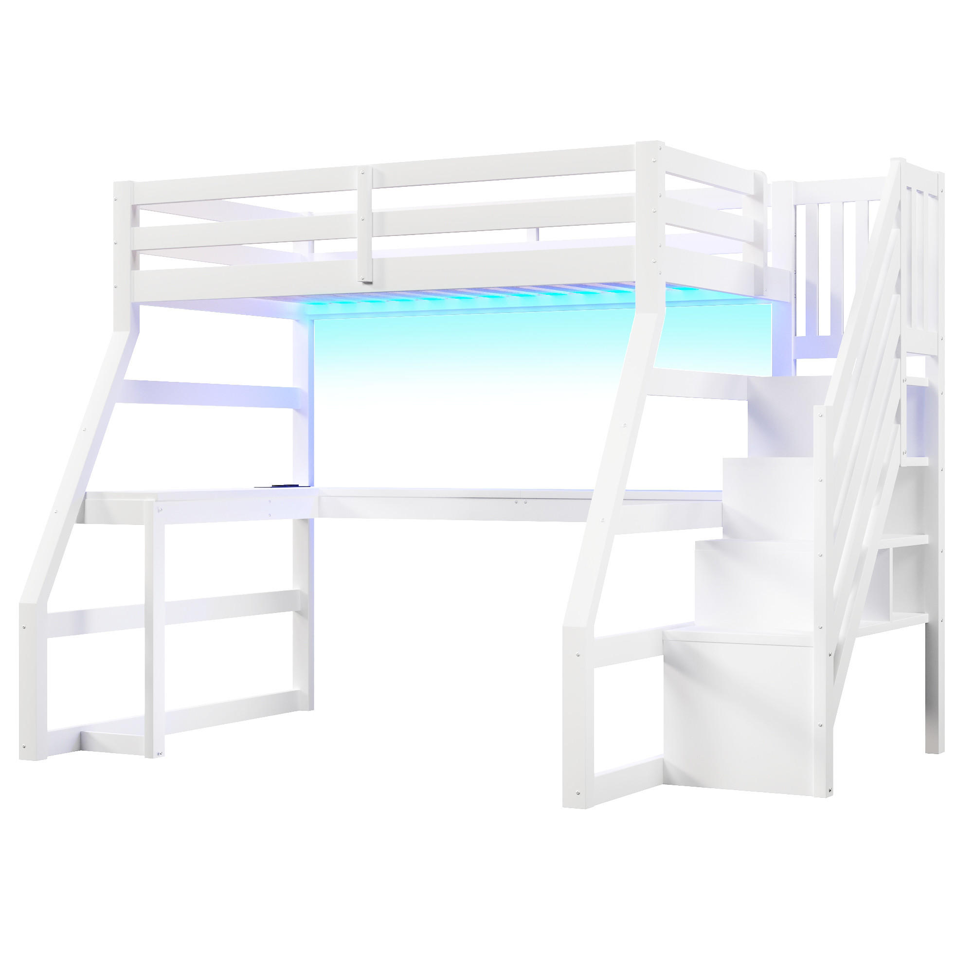 HOCHBETT 90/200 cm DE-32836 mit Schreibtisch und Stauraumtreppe Weiß - Weiß, Holzwerkstoff (90/200cm) - ComfortXL