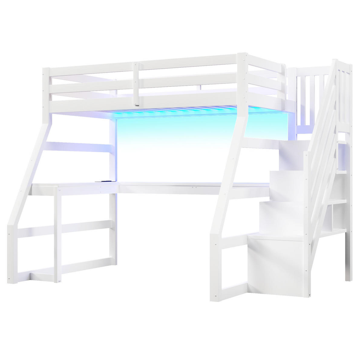 HOCHBETT 90/200 cm in Weiß Kinderbett mit Schreibtisch, Stauraumtreppe, LED und USB - Weiß, Holzwerkstoff (90/200cm) - STILVORA