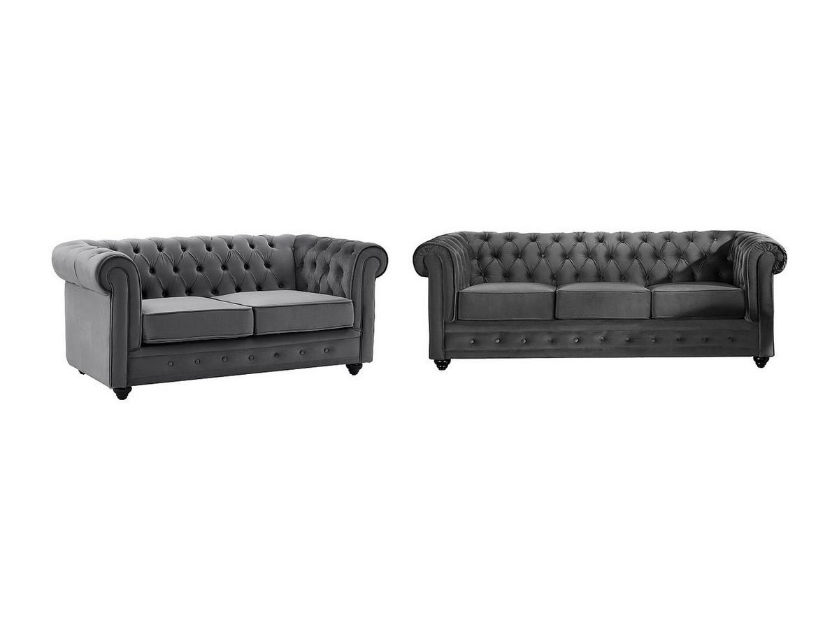 SOFA 3-Sitzer & 2-Sitzer - Samt - Anthrazit - CHESTERFIELD - Anthrazit, Textil (205/72/88cm) - Vente-Unique