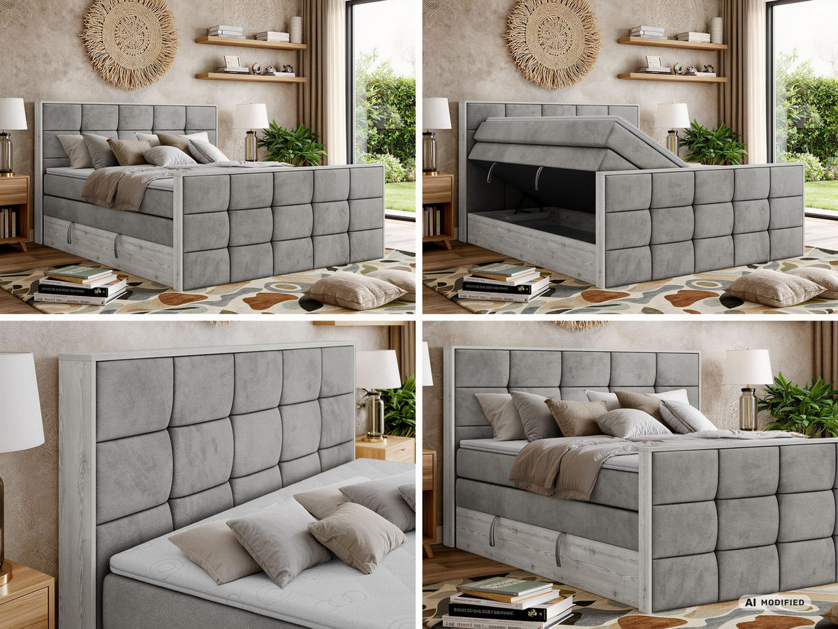 BOXSPRINGBETT ALNOR KING DUO 200/200 - Hellgrau Velvet - Topper T25 - H3 - Hellgrau/Schwarz, Kunststoff/Textil (200/200cm) - MKS