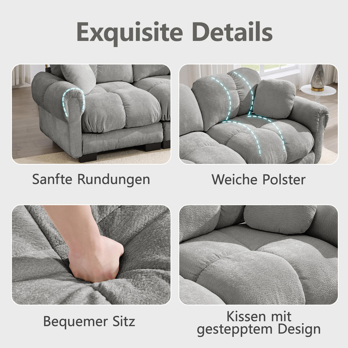 SOFA 330/149/90 cm in Hellgrau aus Chenille mit modularer Ottomane - Hellgrau, Textil (149/90/330cm) - Flora Grace