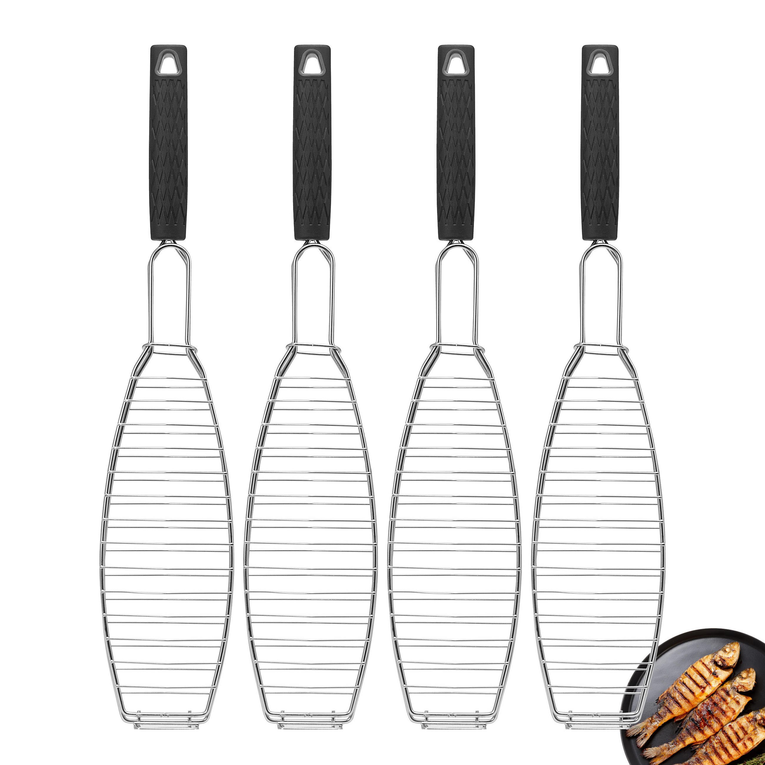 FISCH-GRILLHALTER, schwarz - Edelstahlfarben, Metall (10/54.5/2.5cm) - bremermann