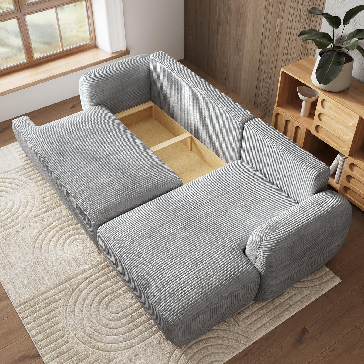 ECKSOFA MODENZA P R-S Grün Kordstoff mit Schlaffunktion - Grün, Holz (266/148cm) - MASSENO
