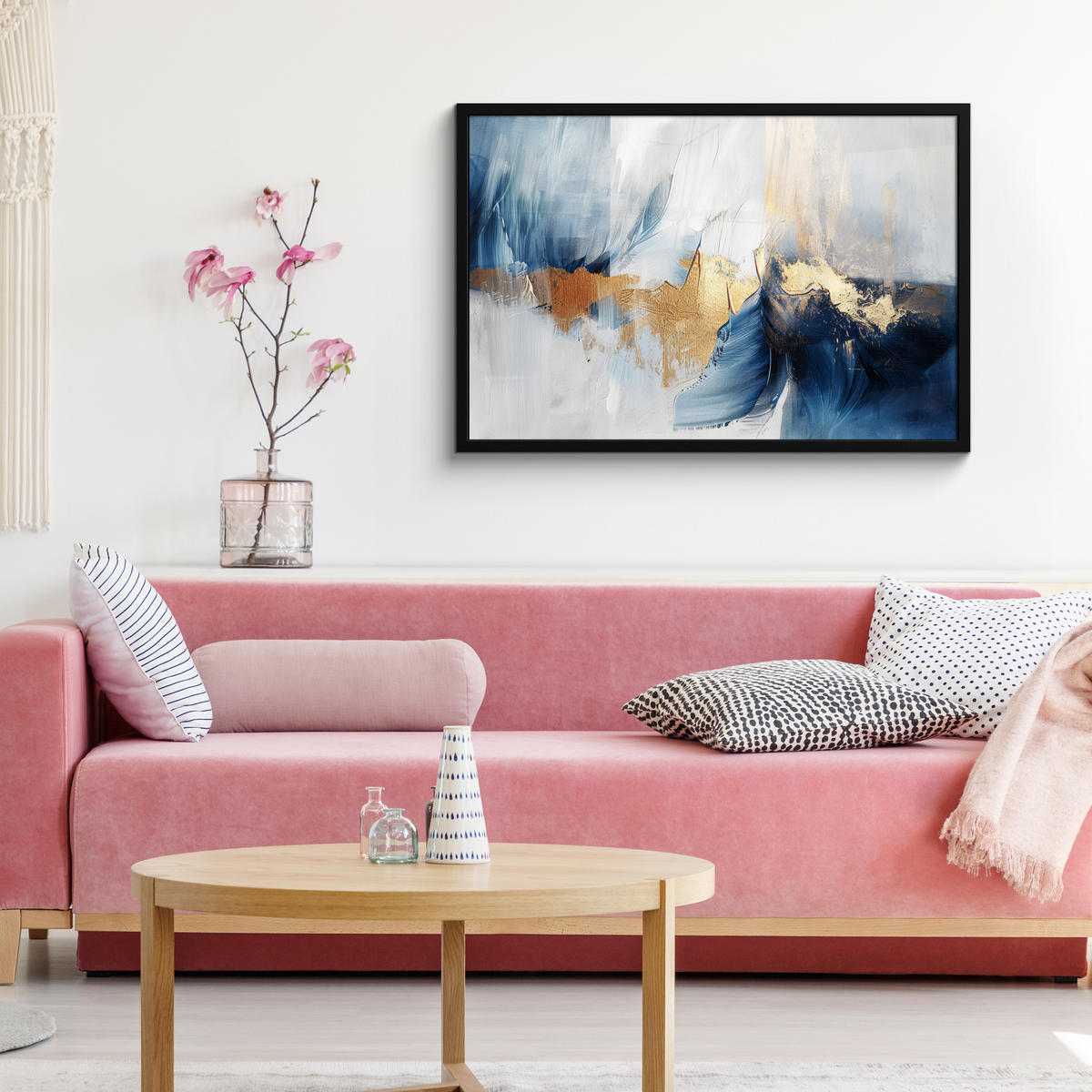 POSTER MIT RAHMENGERAHMTES BILD Gold - Blau - Aquarell - Kunst - Modern 90x60 cm - Hellblau, Papier (90/60cm) - MuchoWow